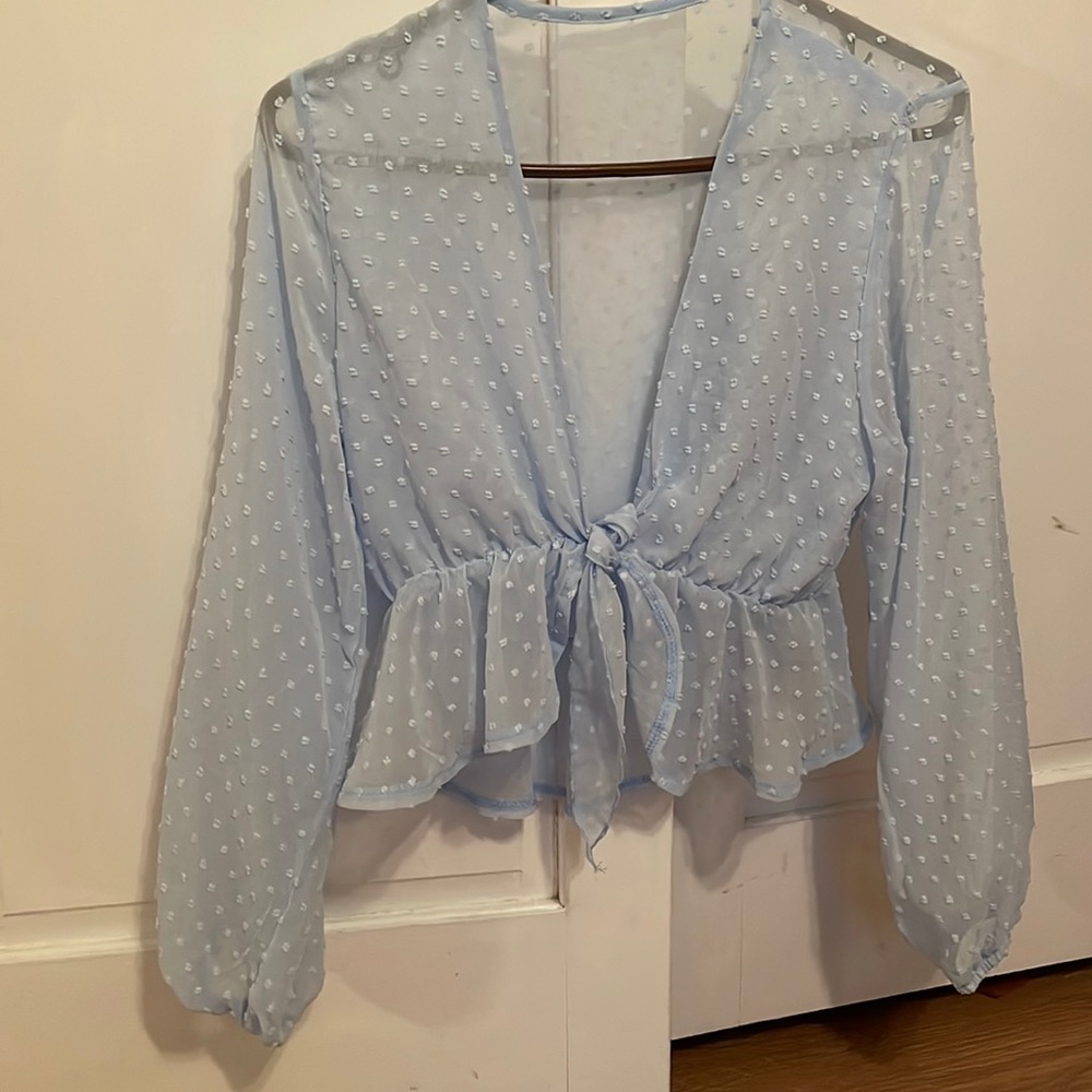 Light blue Mesh Tie Front Crop Top